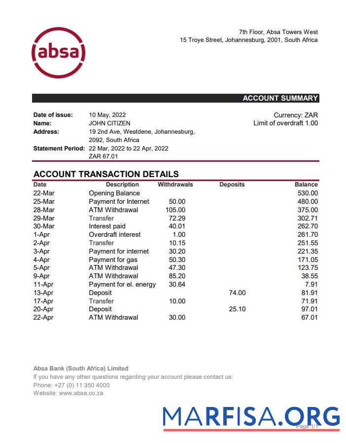 Blank South Africa ABSA bank statement excel download for verification